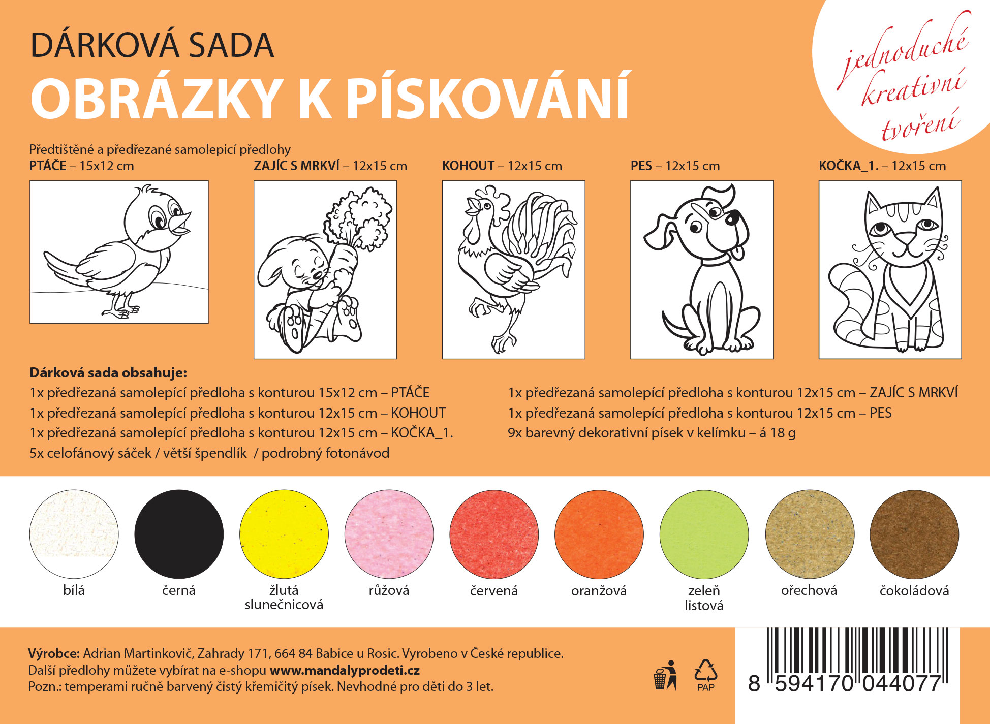 sada PTÁČE, ZAJÍC, KOHOUT, PES, KOČKA / 15x12 cm
